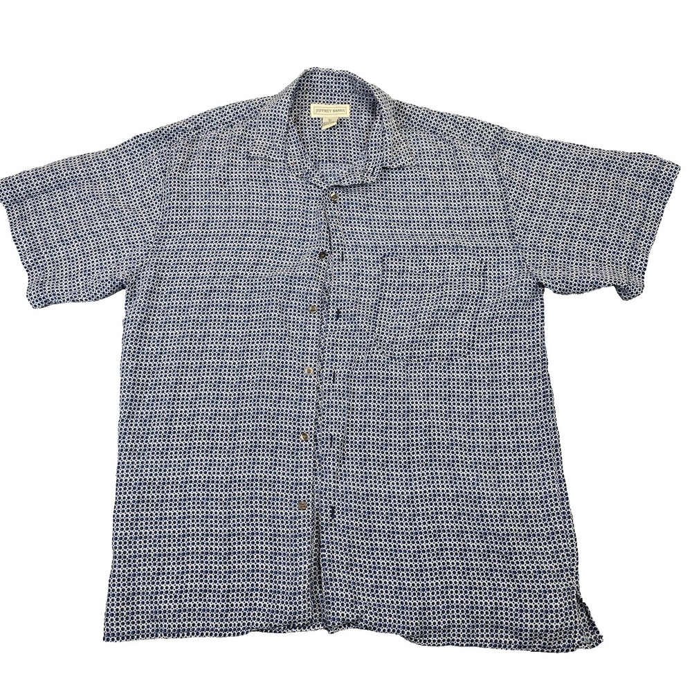 Jeffrey Banks 100% Silk Shirt Men's Large Blue White Geometric Print Button Up